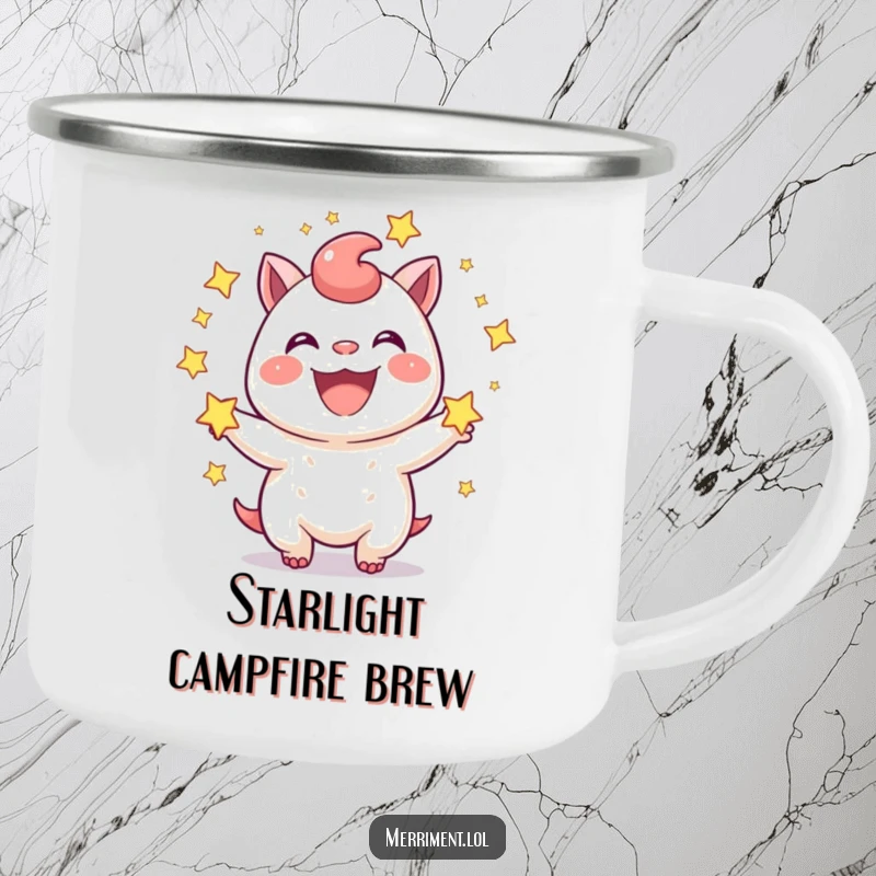 Funny Camping Mug: A joyful creature juggles sparkling stars with a wide grin. Perfect for adventures and a funny gift.