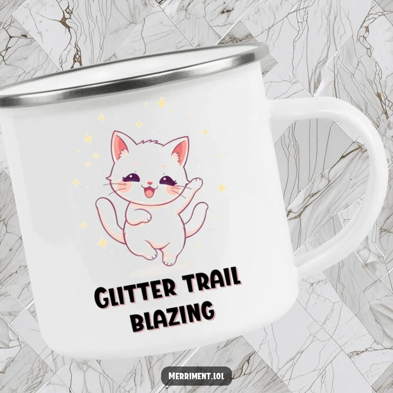 Funny radiant cat enamel camping mug, twirling with glitter, for dazzling outdoor sipping and enjoyment.