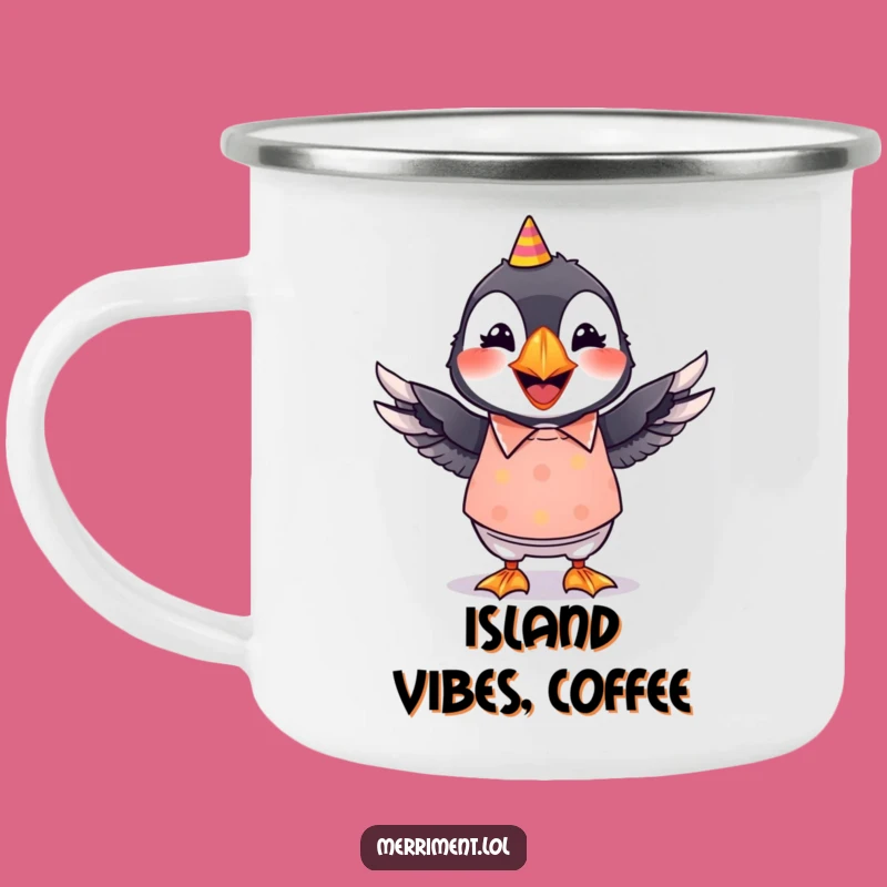 Funny Puffin Camping Mug: Grinning Party Puffin, Wiggling Wings, Festive Outdoor Gift