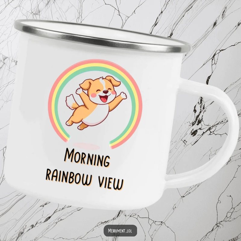 Funny Camping Mug featuring a joyful dog leaping through a hoop of rainbows with a happy bark, durable and cheerful.