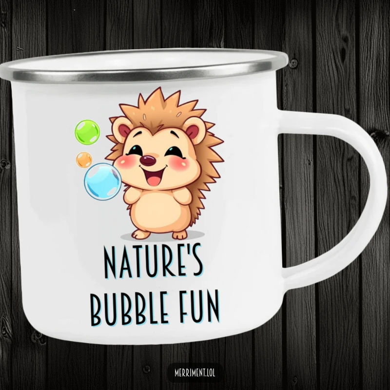 Funny hedgehog enamel camping mug, beaming and blowing colorful bubbles, for cheerful outdoor sipping and enjoyment.