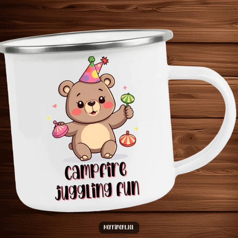Funny camping mug with a happy bear wearing a party hat and juggling colorful spinning tops, ready for outdoor celebrations.