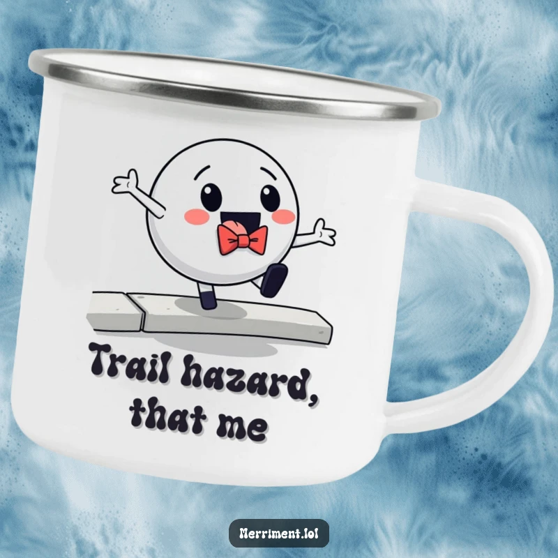 Funny camping mug featuring a ball in a bowtie dramatically falling off a curb, bringing humor to your outdoor beverage moments.