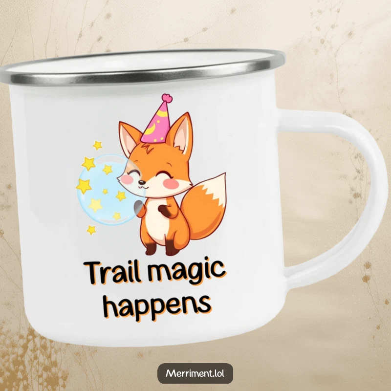 Funny enamel camping mug featuring a happy fox in a party hat blowing a bubble that transforms into sparkling stars.