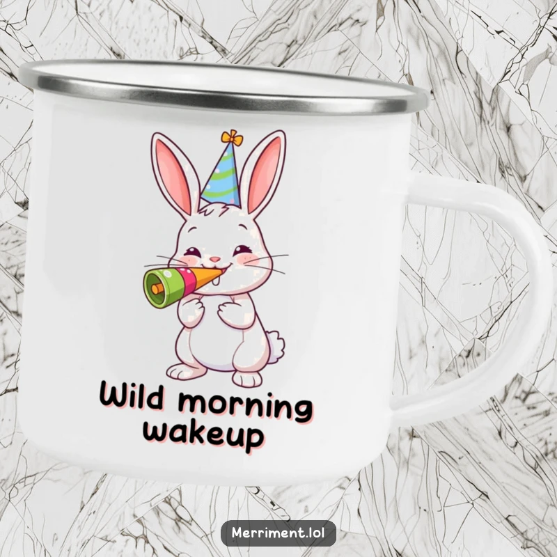 Funny camping mug with a cheerful bunny wearing a party hat, blowing a giant noisemaker, perfect for outdoor fun.