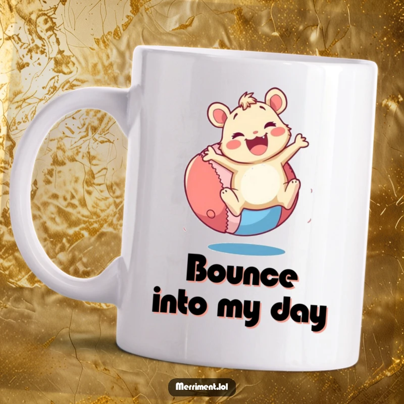 Funny Mug: A merry critter enthusiastically bounces a giant, colorful ball with glee. A fun and funny gift.
