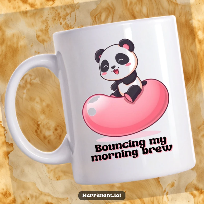 Funny Panda Mug: Playful panda joyfully bouncing on a giant, wobbling jelly bean, bringing laughter and sweetness.