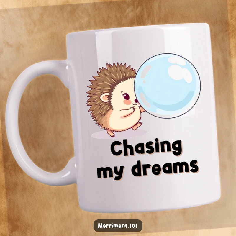 Funny hedgehog mug showing a fluffy animal eagerly chasing a comically large, bouncing soap bubble, full of playful determination and humor.
