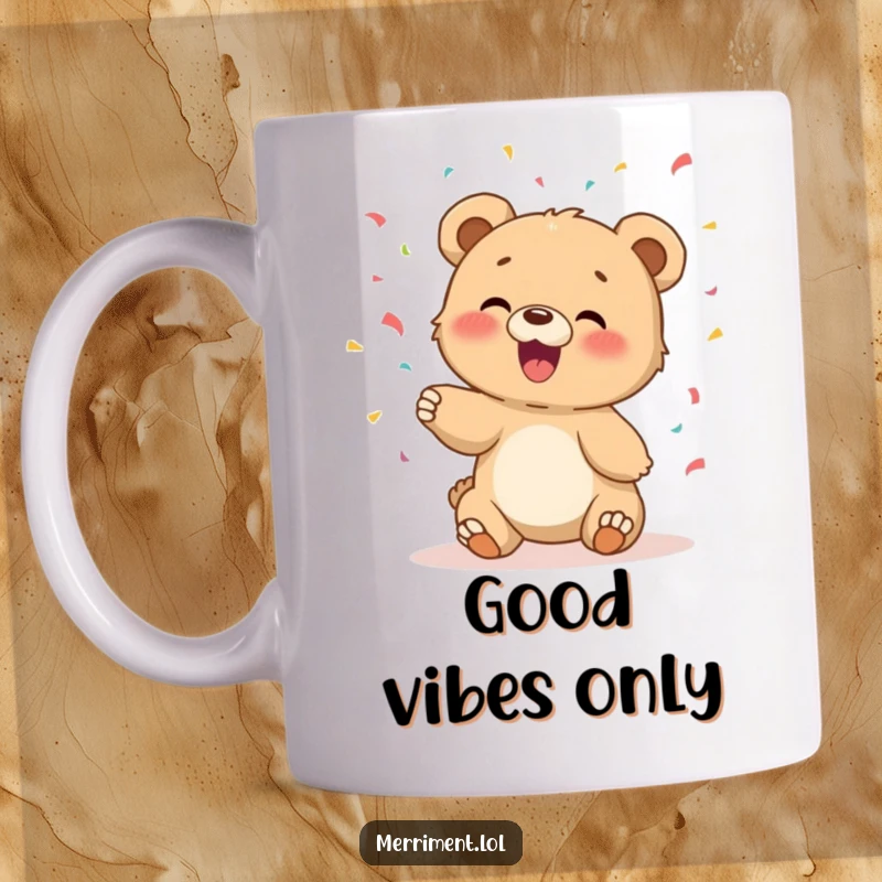 Funny mug featuring a giggling bear cub tossing confetti with pure glee and infectious happiness.