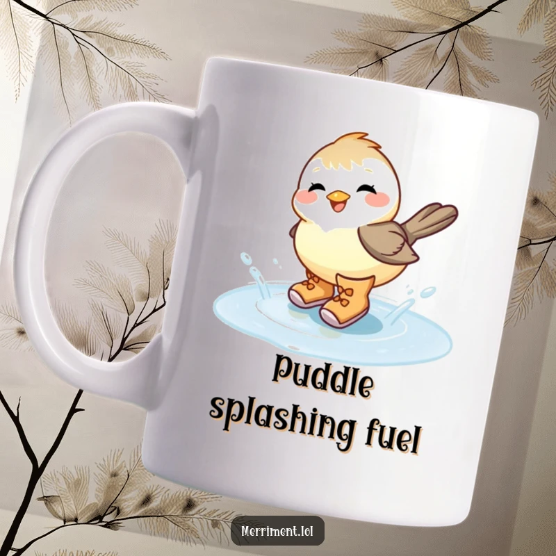 Funny giggling chickadee wearing oversized yellow boots, joyfully splashing in a puddle, bringing cheerful humor to any drinker.