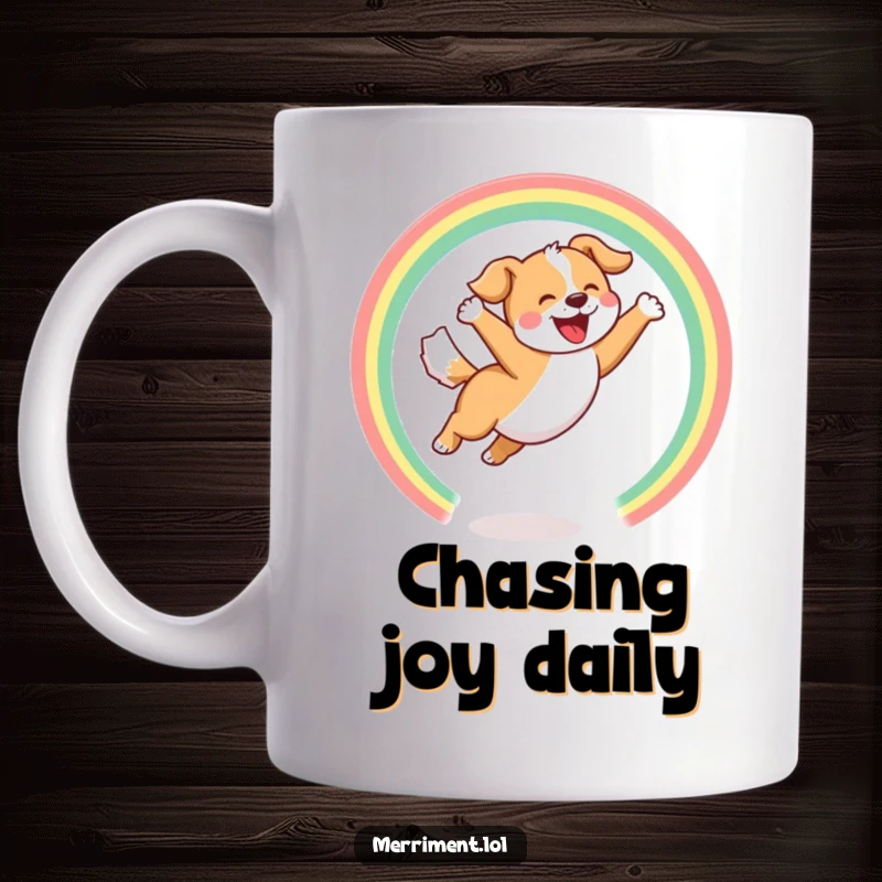 Funny Mug features a joyful dog leaping through a hoop of rainbows with a happy bark, pure canine bliss.