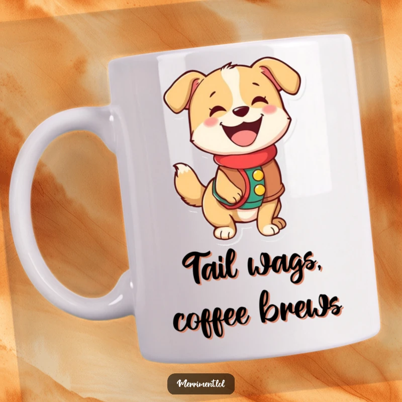Funny mug featuring a happy dog enthusiastically wagging its tail while wearing a festive holiday vest.