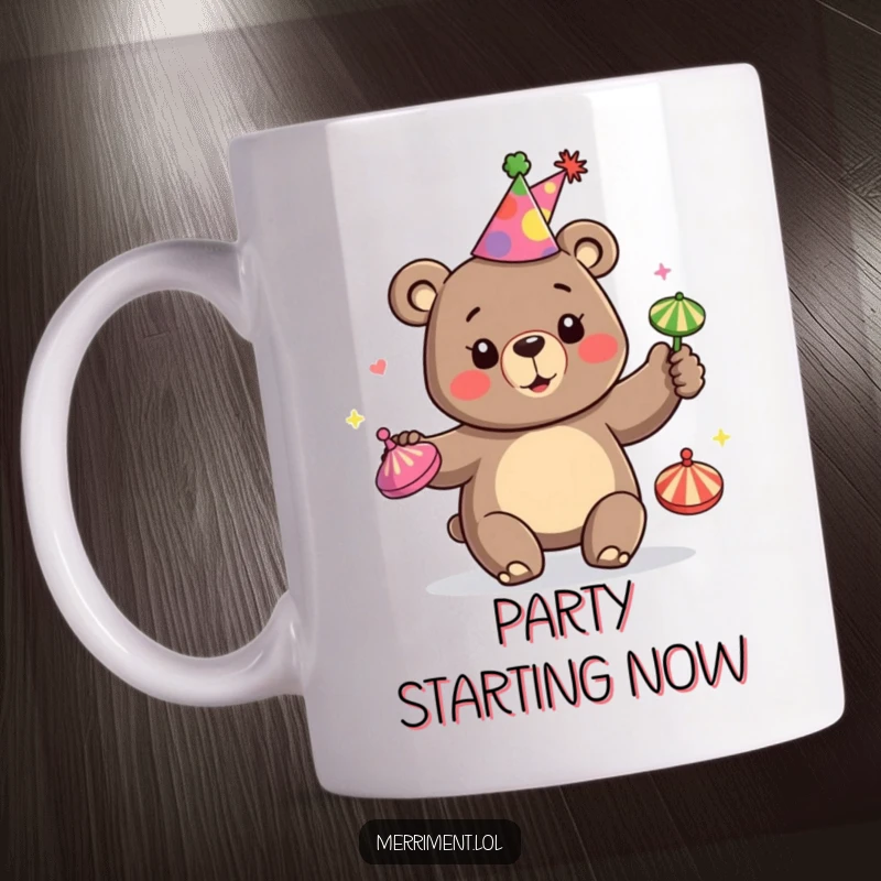 Funny mug depicting a happy bear wearing a party hat and skillfully juggling multiple colorful spinning tops with joy.