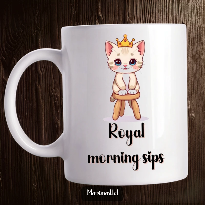 Funny mug illustration of a playful kitten wearing a tiny crown, precariously balancing on a wobbly stool with charming determination.
