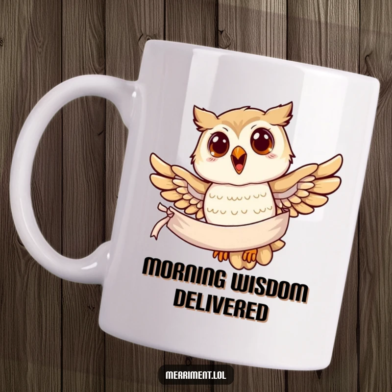 Funny owl mug, a joyful owl soaring majestically with a banner held firmly in its talons, carrying a message.