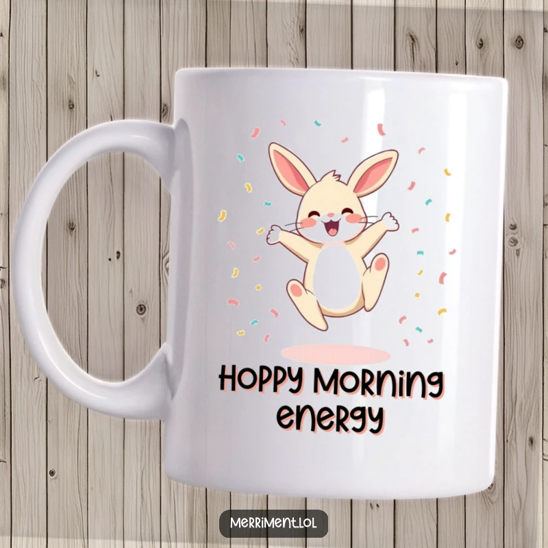 Funny mug shows a happy bunny doing a cartwheel amidst a shower of colorful confetti, embodying pure joy and celebration.