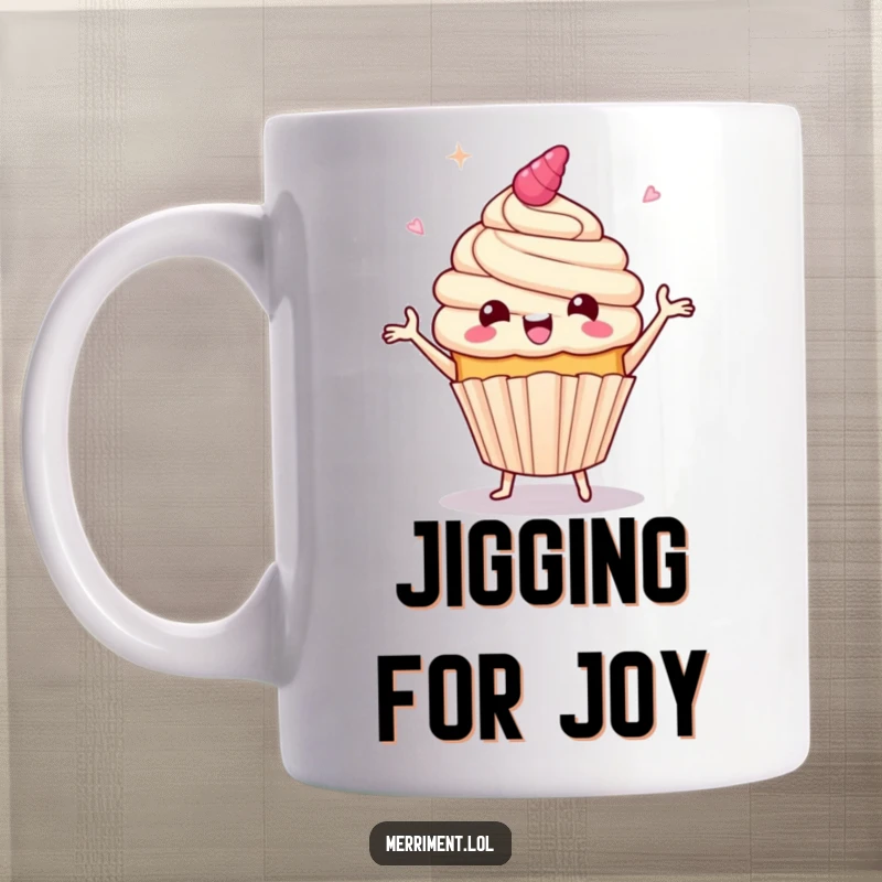 Funny mug with a giddy cupcake character joyfully doing a jig, frosting flying theatrically, a celebration of pure delight.