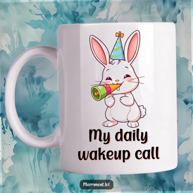 Funny bunny wearing a party hat, blowing a giant noisemaker, bringing festive cheer, perfect for a funny gift.