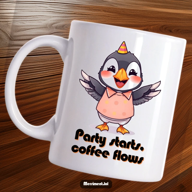 Funny mug depicting a grinning puffin in a bright party shirt, actively wiggling its wings with excitement.