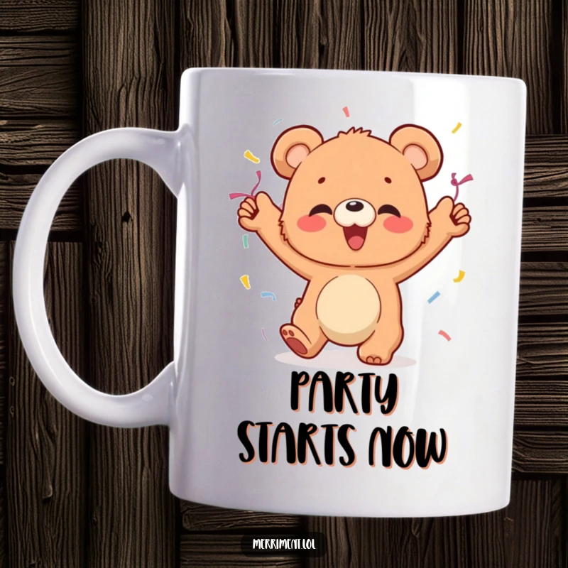 Funny mug featuring a giggling bear cub adorned with festive streamers, dancing with wild abandon and infectious joy.