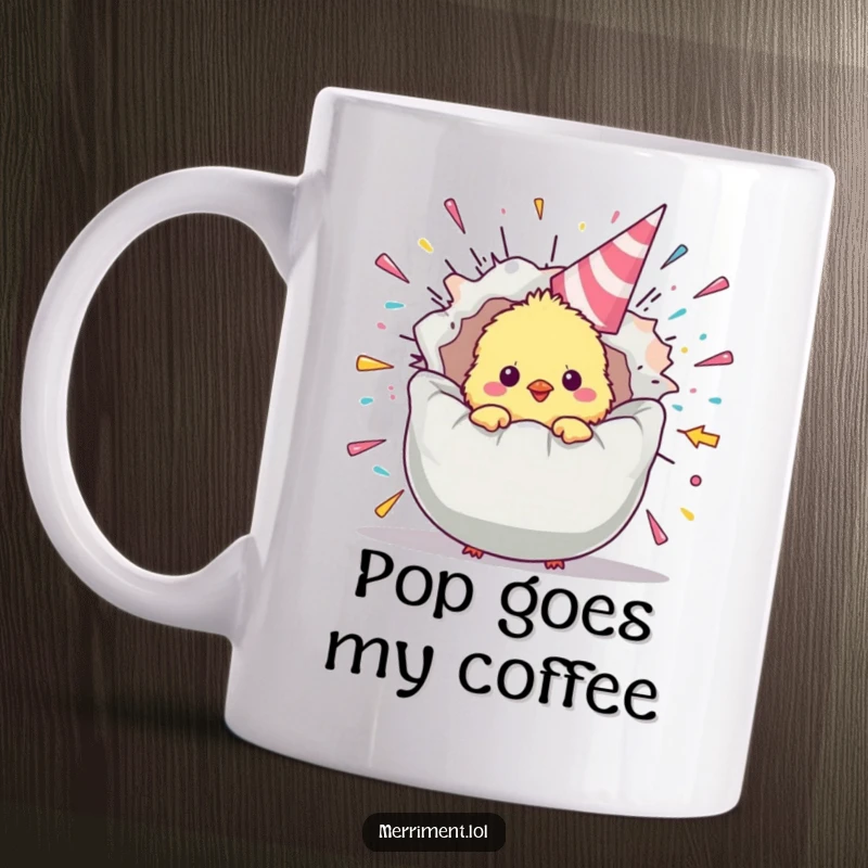 Funny chick mug showing a fluffy baby bird peeking out from a giant, exploding party popper, a delightful and humorous design.