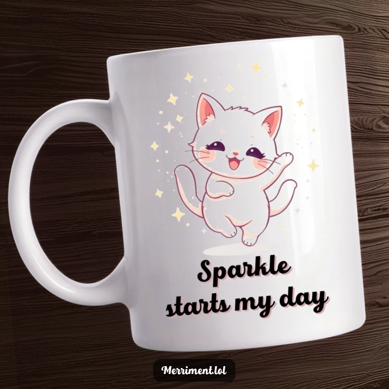Funny radiant cat mug, twirling gracefully amidst a cascade of shimmering, colorful glitter, exuding elegance and fun.