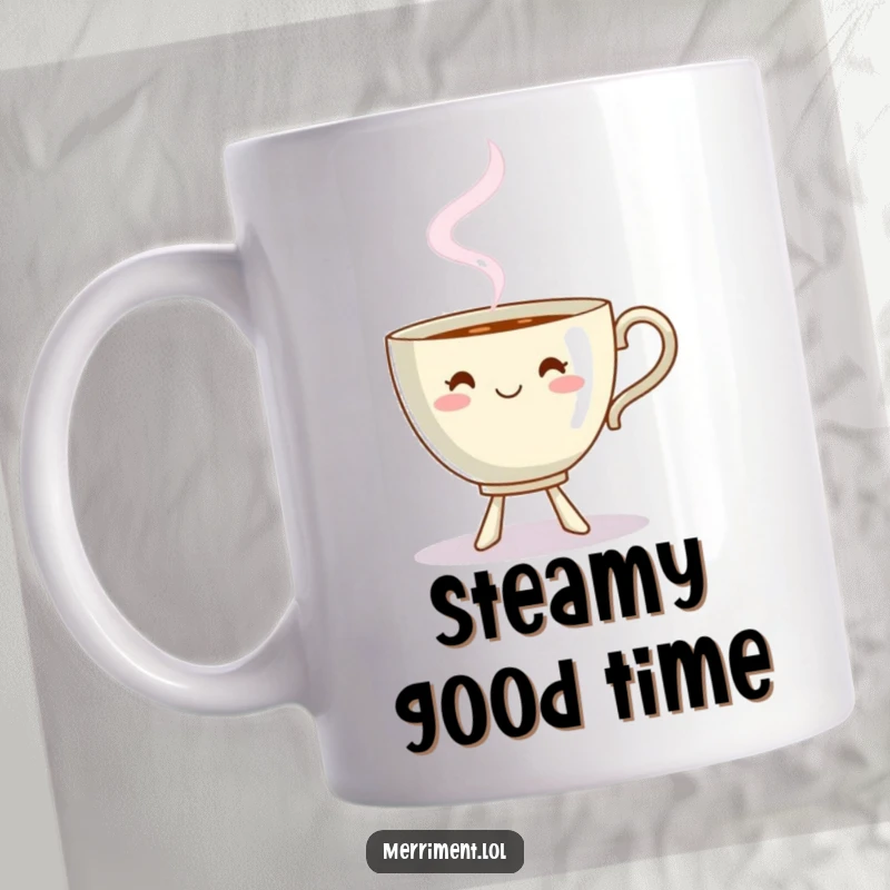 Funny dancing teacup mug with steam forming a playful shape, a joyful and whimsical design.