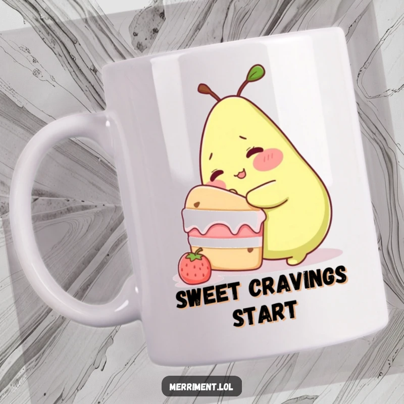 Funny mug showing a blushing pear character attempting to sneak a bite from a huge, delicious cake, capturing sweet temptation.