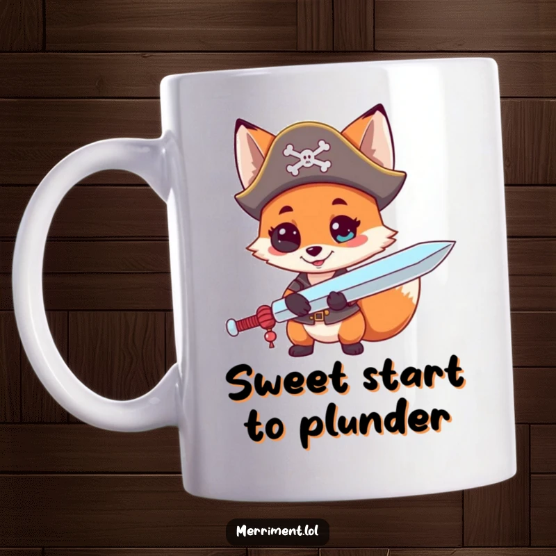 Funny mug graphic of a curious fox wearing a pirate hat, holding a giant lollipop like a sword, ready for adventure.