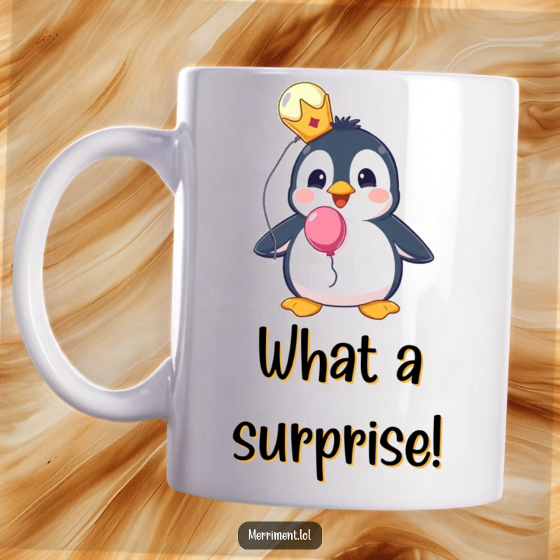 Funny mug featuring a surprised penguin wearing a tiny crown and holding a balloon, looking quite royal.