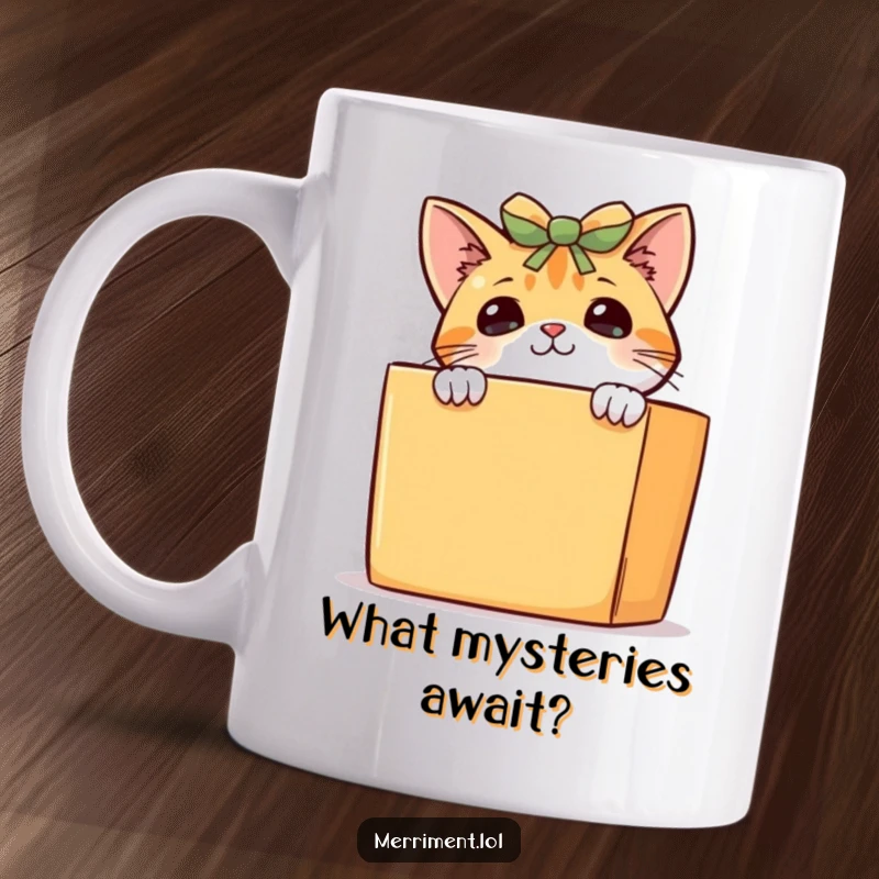 Funny cat mug, a curious kitten peeking shyly from behind a large present box, full of playful mystery and charm.