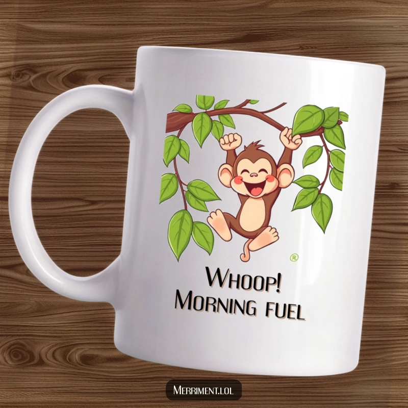 Funny monkey mug showing a silly monkey character swinging energetically from a vine with an ecstatic whoop, embodying wild jungle fun.