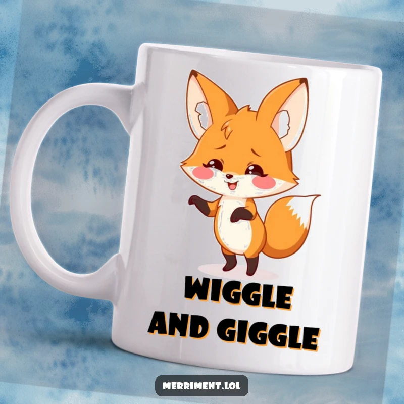 Smiling fox with two giant, floppy ears does a silly dance on a mug, expressing pure joy, fun, and a love for music.