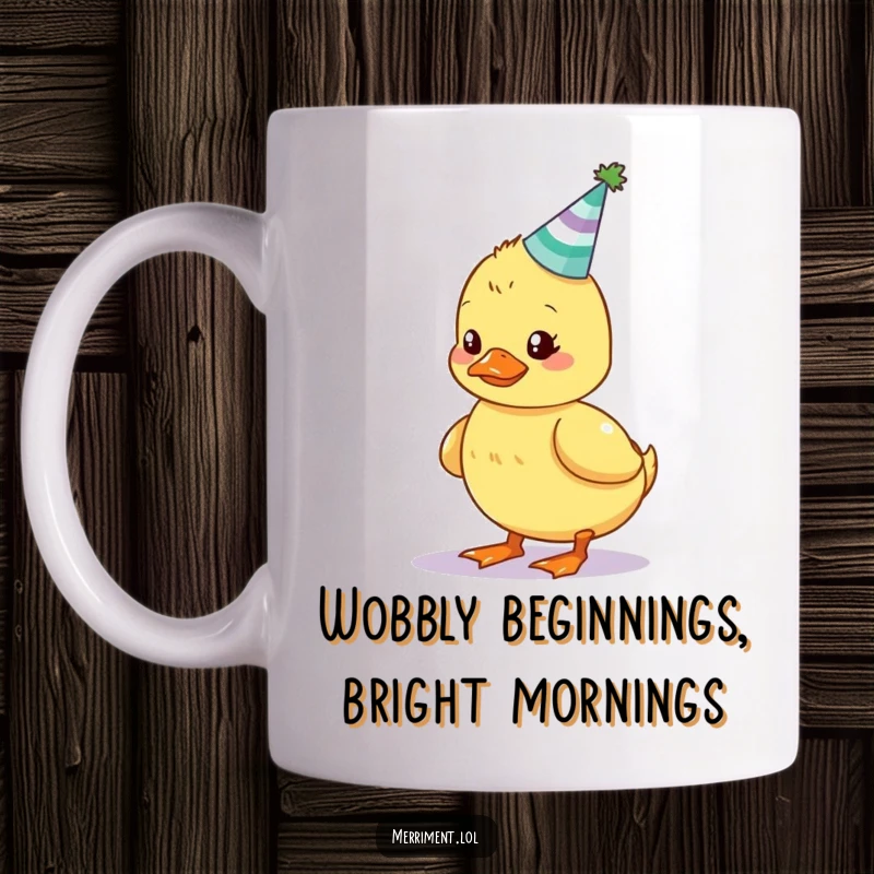 Funny wobbly duckling mug, struggling to balance a tiny, glowing party hat, radiating adorable clumsiness.