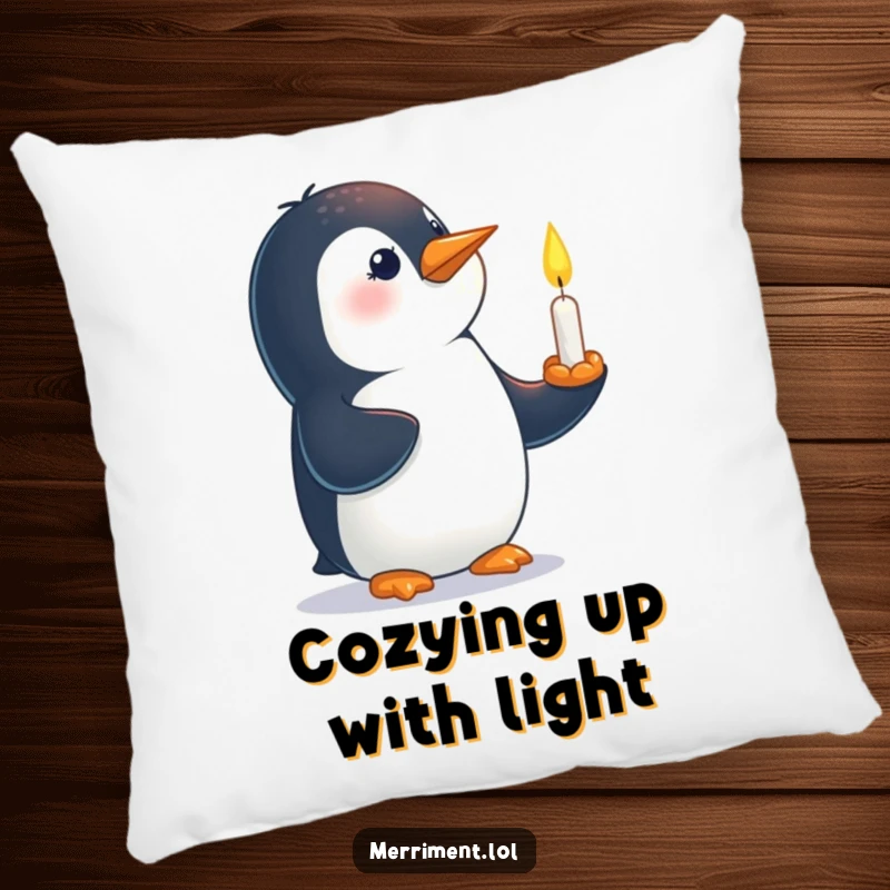 Funny pillow showing a curious penguin balancing a small, lit candle on its beak with a gentle expression.