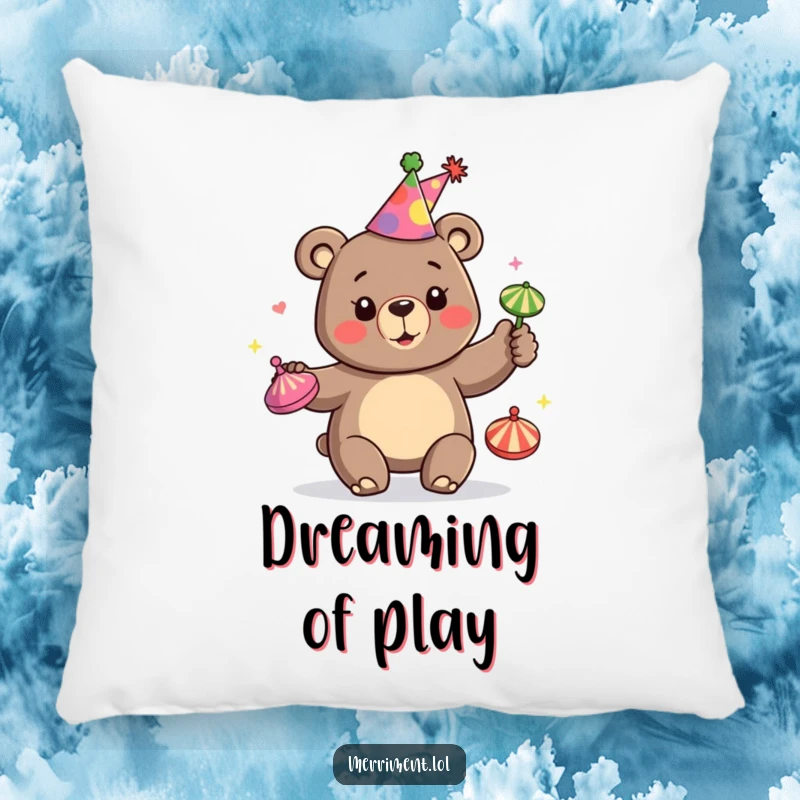 Funny pillow with a happy bear wearing a party hat and juggling colorful spinning tops, offering comfort and festive cheer.