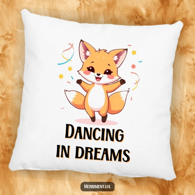 Funny pillow featuring a happy fox cub dancing with colorful streamers, designed for cozy relaxation and cheer.