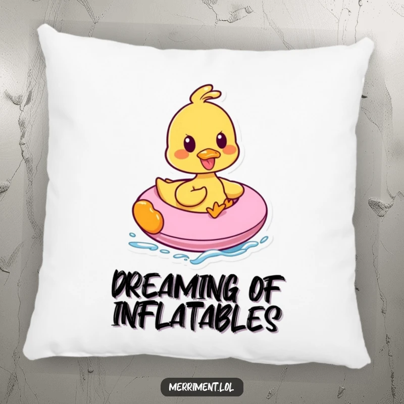 Funny pillow featuring a cheerful duck joyfully riding an inflatable, perfect for adding comfort and a dose of funny cheer.