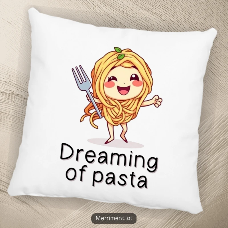 Funny pillow with spaghetti character elegantly dancing a tango with a fork, adding plush culinary humor to any room.