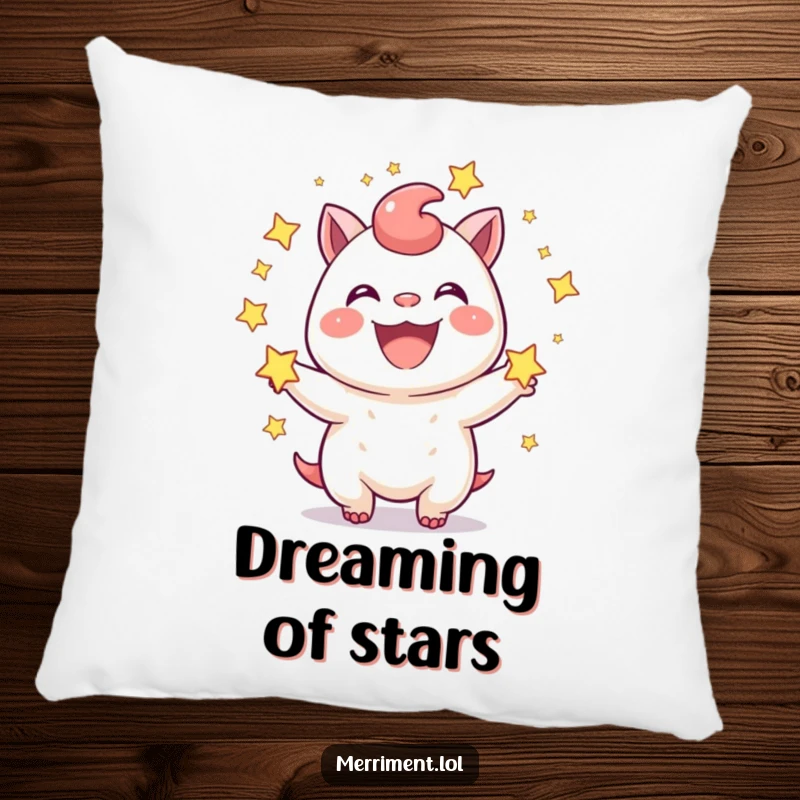 Funny Pillow: A joyful creature beams, juggling sparkling stars with a wide grin. A soft and funny gift.