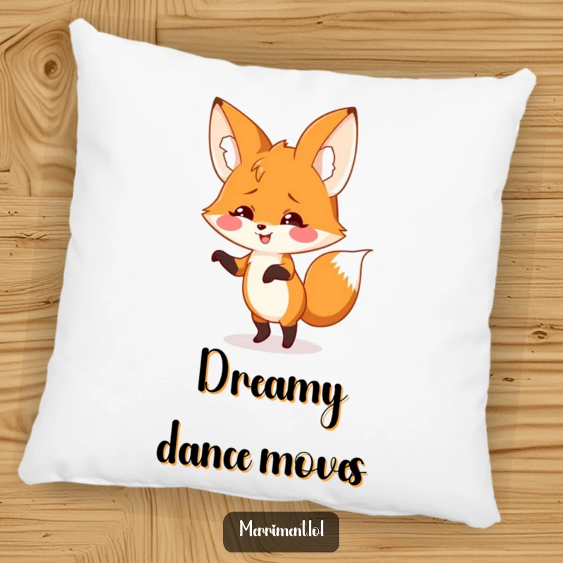 Smiling fox with giant floppy ears doing a silly dance, designed on a pillow for comfortable, humorous, and groovy decor.