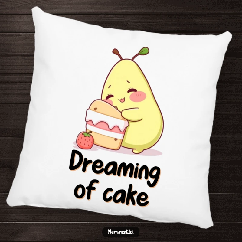 Funny pillow with a blushing pear character trying to sneak cake, adding plush comfort and humorous sweetness to any room.