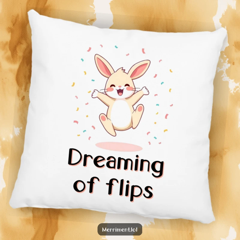 Funny pillow featuring a happy bunny doing a cartwheel with confetti, offering cozy comfort and a delightful sense of celebration.