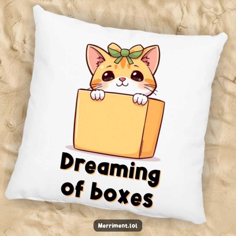 Funny curious cat pillow, a cute kitten peeking playfully from behind a gift box, providing comfort and a humorous touch.