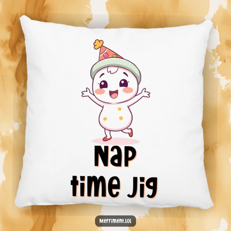 Funny Pillow: A delighted character in a festive hat is captured mid-jig, adding cheer. A soft and funny gift.
