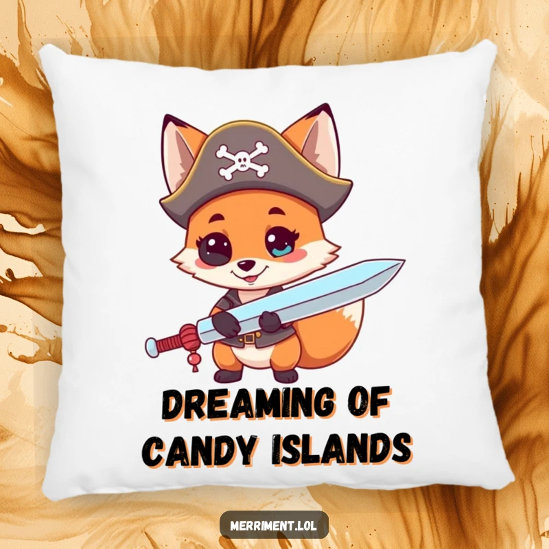 Funny pillow design featuring a curious fox in a pirate hat, wielding a giant lollipop like a sword, perfect for dream voyages.