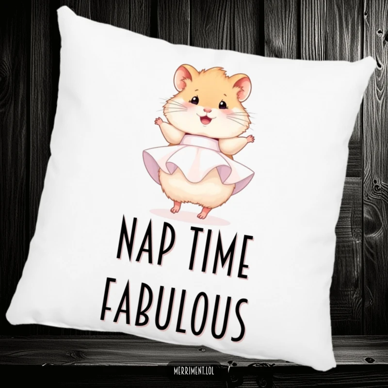 Funny hamster pillow, a fluffy hamster wearing a party dress, happily twirling, providing comfort and a cheerful accent.