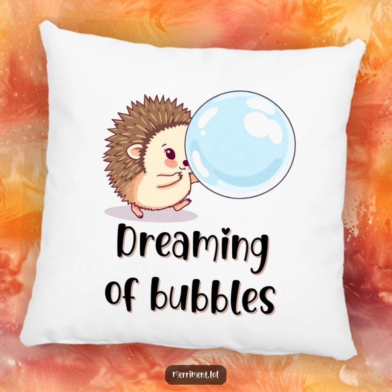 Funny hedgehog pillow featuring a fluffy animal eagerly chasing a comically large, bouncing soap bubble, offering soft, comforting playful humor.