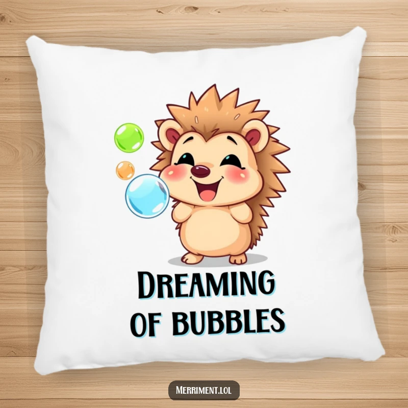 Funny hedgehog pillow featuring a smiling character blowing vibrant bubbles, offering cozy comfort and a cheerful decorative touch.