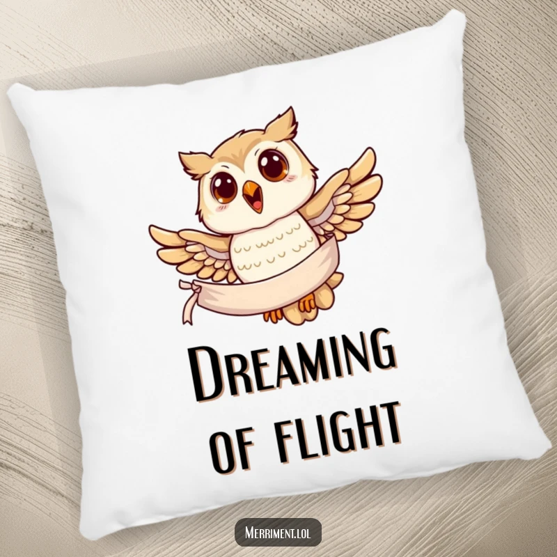 Funny owl pillow, a joyful owl soaring with a banner, providing comfort and a wise, decorative accent.